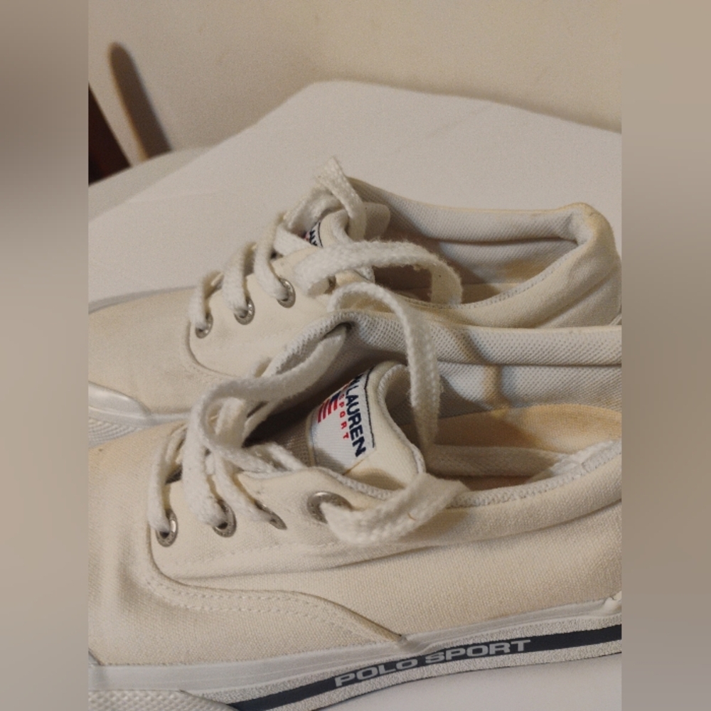 Polo Sport Ralph Lauren Canvas Shoes Size 7 1/2 Cream Spellout Deck Shoes - Picture 5 of 16